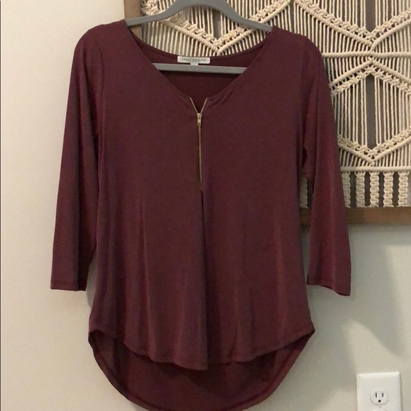 Green Envelope Tops - Green Envelope Burgundy 3/4 Sleeve Zip Front Top